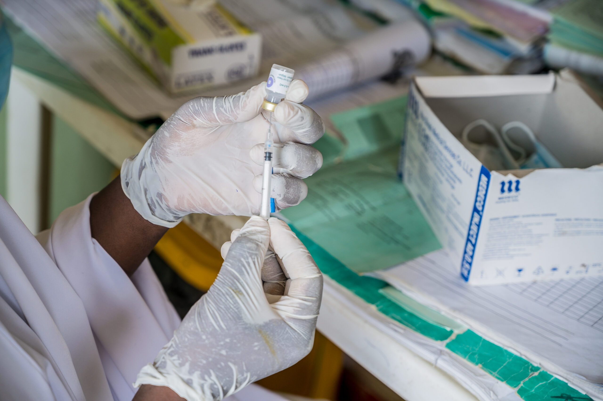 Hafsat Alkali Yerima (26), a health worker, prepares a vaccination at the Dikumari Health Center in Damaturu, Yobe State, Nigeria on October 5, 2020.